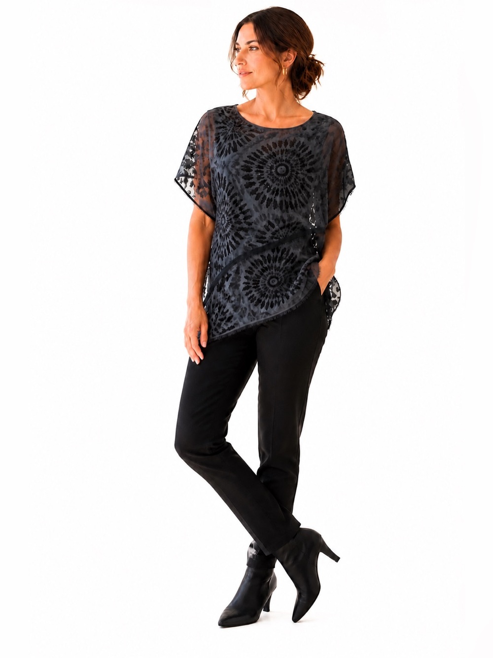 Elie Tahari Silk Rayon Devore Burnout Blouse XL Navy Mandala Boho‎
